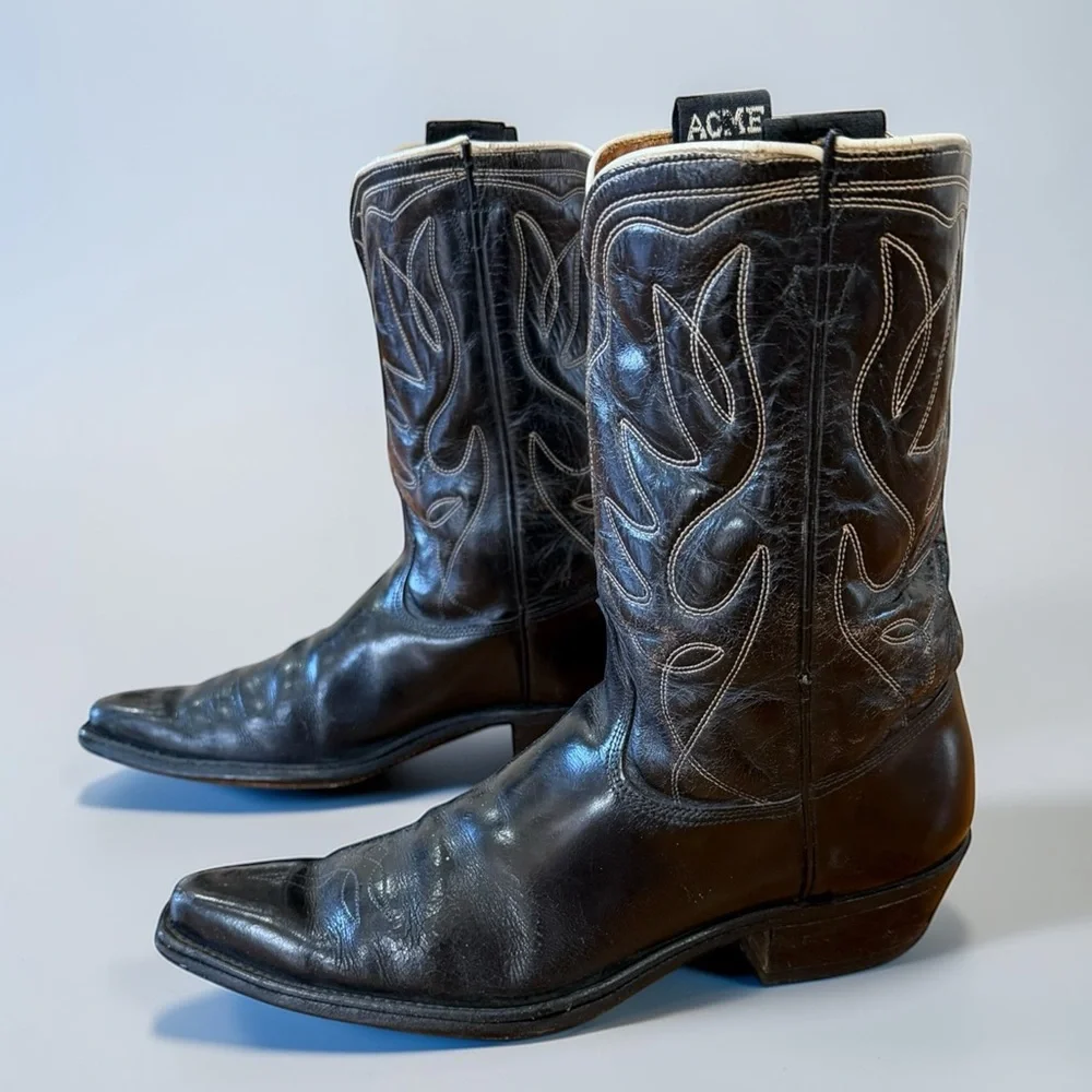 1960s • Acme Classic Western • Men’s 12 B • Vintage Cowboy Boots Cloth Pulls - Picture 2 of 8